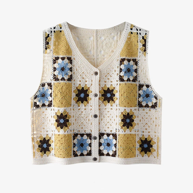 Granny Square Crochet Top Sleeveless V-Neck Button Front Tank Top Blouse Cardigan Women Summer Fairycore Cottagecore Outfit