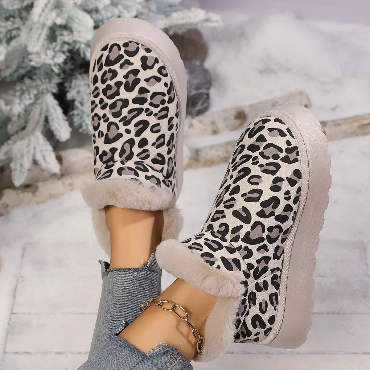 Flat Heeled Women\'s Midsole Boots Winter New Lightweight Round Toe Boots Women\'s Rubber Wedge Snow Boots Leopard Print  608