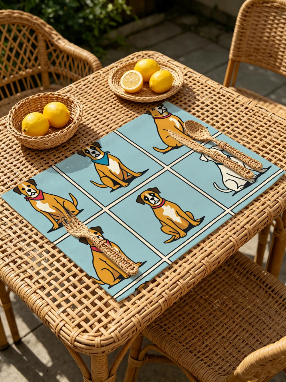 Printed Placemats for Dining Table Kitchen Holiday Parties Cute Dogs On Blue Grid