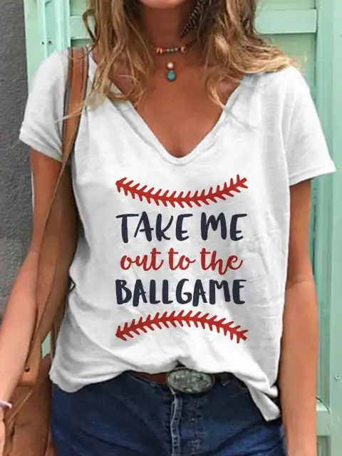 Rheaclots Women's Baseball Take Me Out To The Ball Game Print Crew Neck T-Shirt