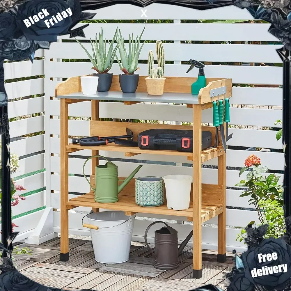 Potting Bench Table w/Metal Tabletop for Garden, Fir Wood Workstation w/3 Tier Shelves, Outdoor Work Bench w/Hook Natural Wood