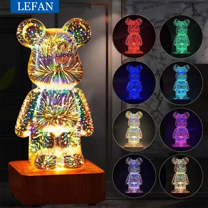 3D RGB Fireworks Bear Glass LED Lamp Colorful Atmosphere Night Light Room Desk Decoration Projector Romantic Bedroom Decor Gift