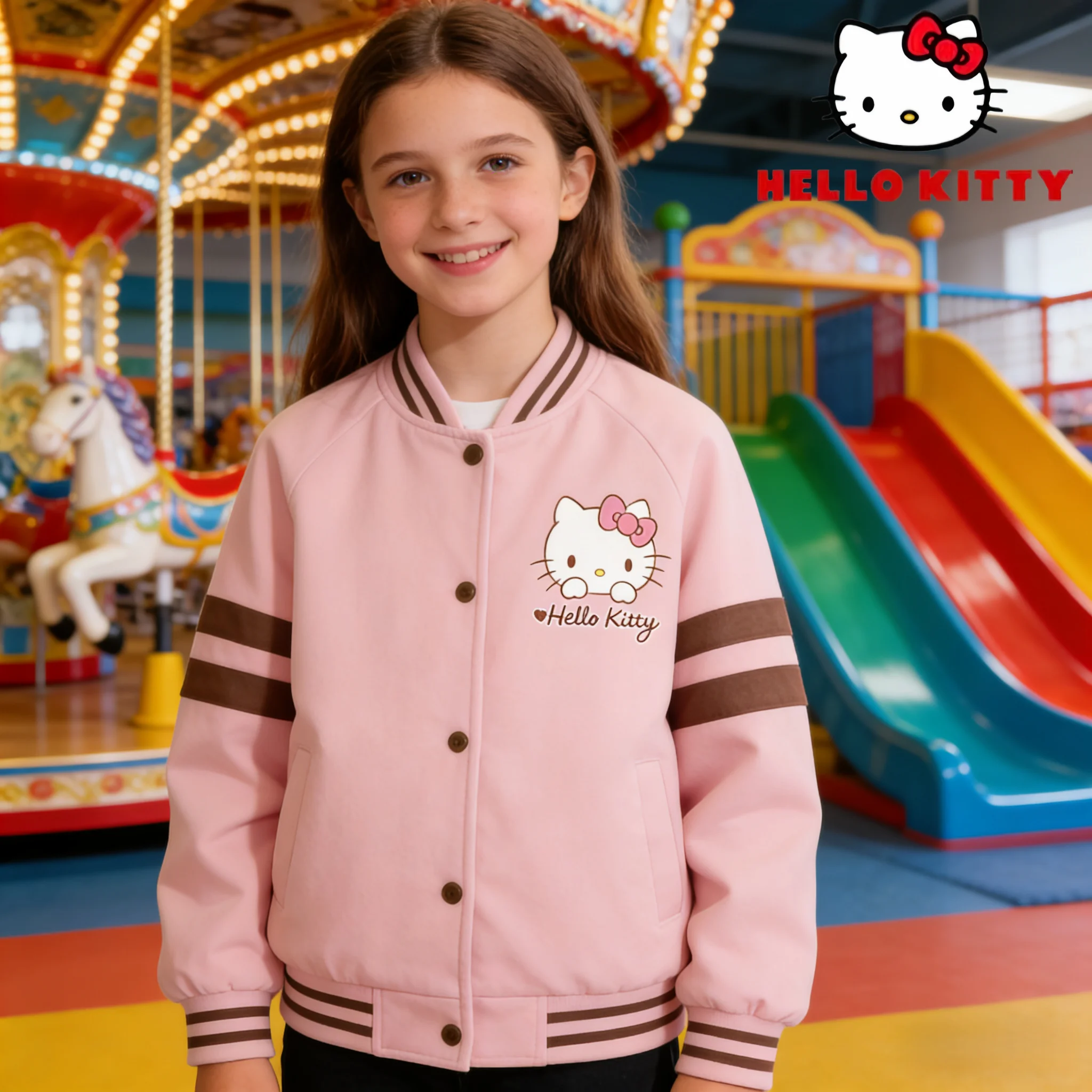 

Hello Kitty Kids Thickened Windproof Baseball Jacket Autumn Winter Cold-resistant Cute Print Preppy Style Outerwear Jacket