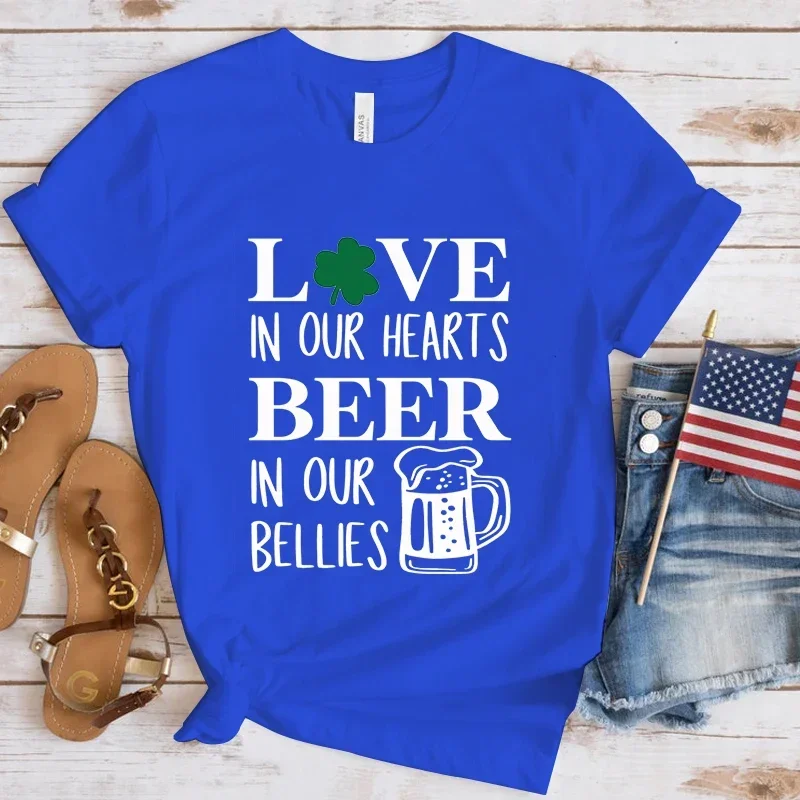 2024 St. Patrick'S Day Love In Our Hearts Beer In Our Bellies Printing T Shirt Unisex Cool Summer Casual T Shirt women clothes