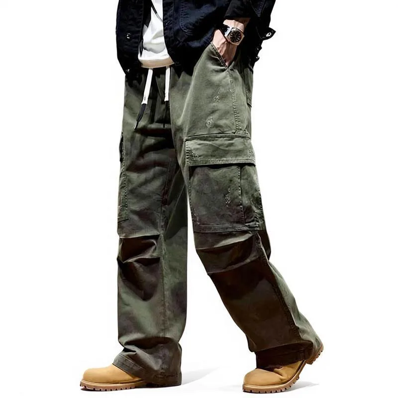 Plus Size 100% Pure Cotton Men Casual Cargo Pants High Street Style Side Big Pockets Straight Fit Mid Waist Workwear Trousers