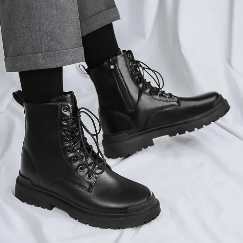 

New Men's British-Style Chelsea Combat Boots Mid-Calf Leather Work Shoes Side Zipper Non-Slip Comfort Shoes for Men Botas Hombre