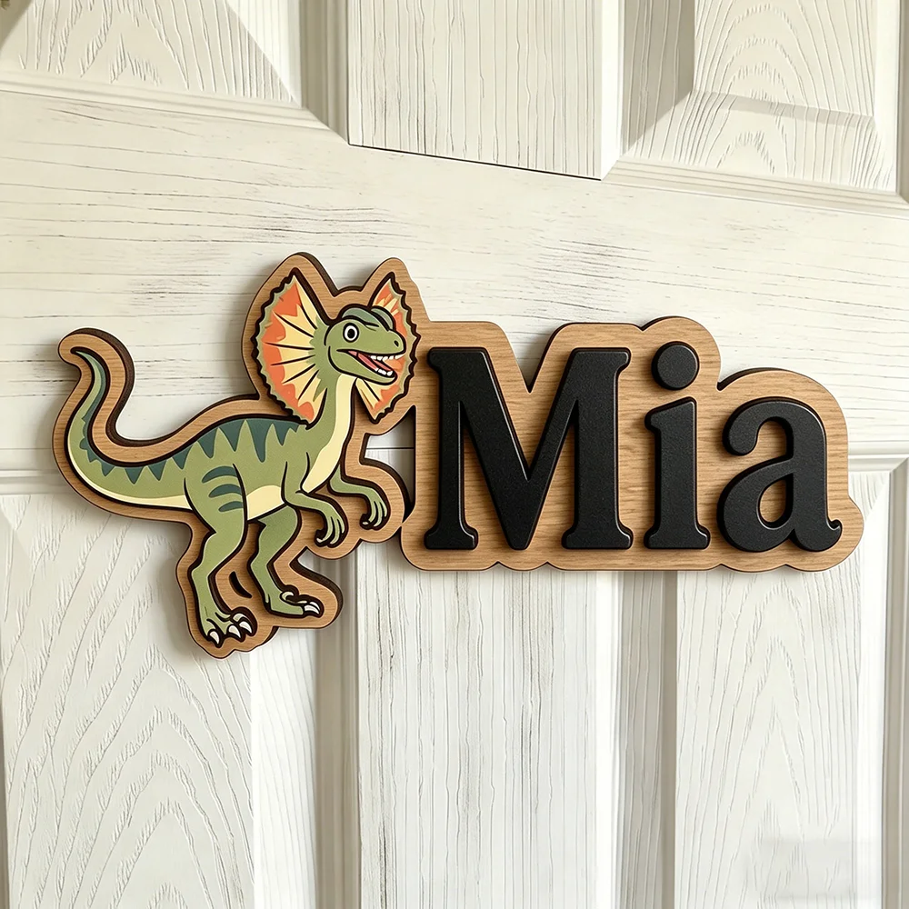 Personalized Colorful Dilophosaurus Name Sign for The Dearest Baby, Cute Wooden Kids Room Decor