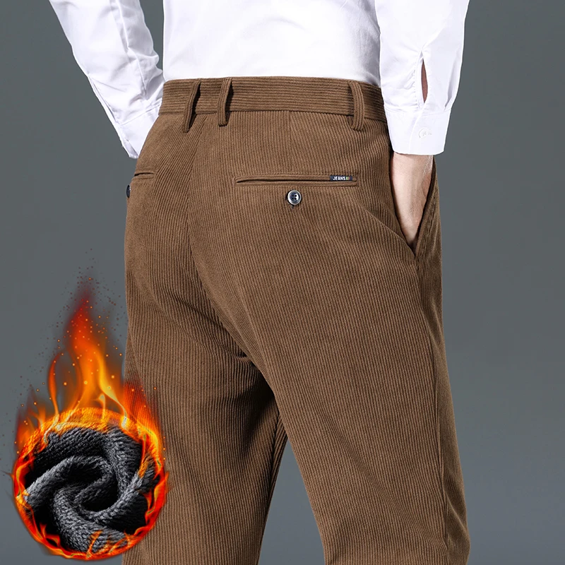 

Winter Men's Corduroy Thick Casual Pants Business Casual Fleece Warm Straight Trousers Lining Velvet Work Pants Black Grey Brown
