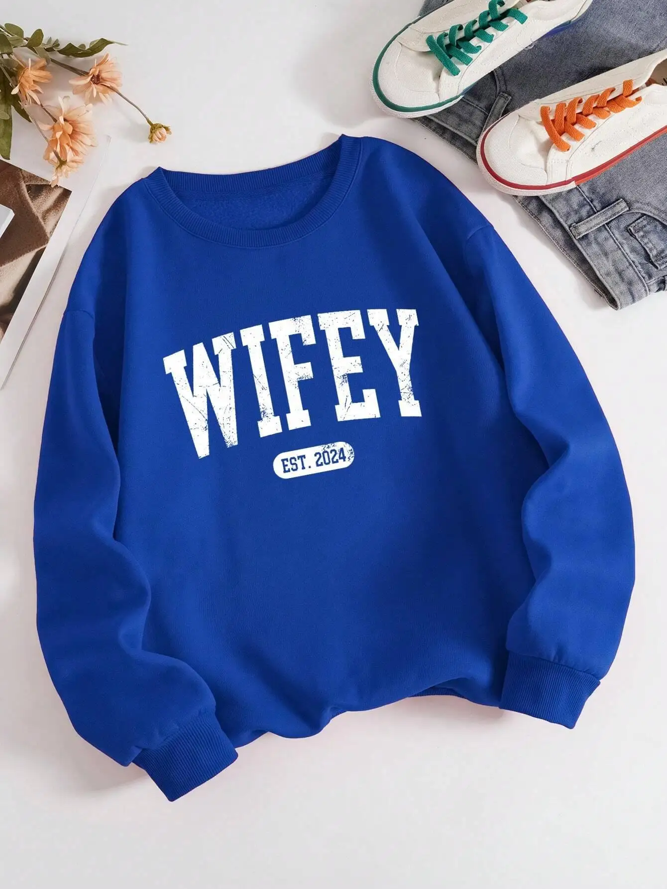 Street Casual Damen Pullover mit „Wifey“-Aufdruck, warmer, weicher Kapuzenpullover, lockerer Rundhals-Fleece-Pullover, Damenbekleidung – Detail 10