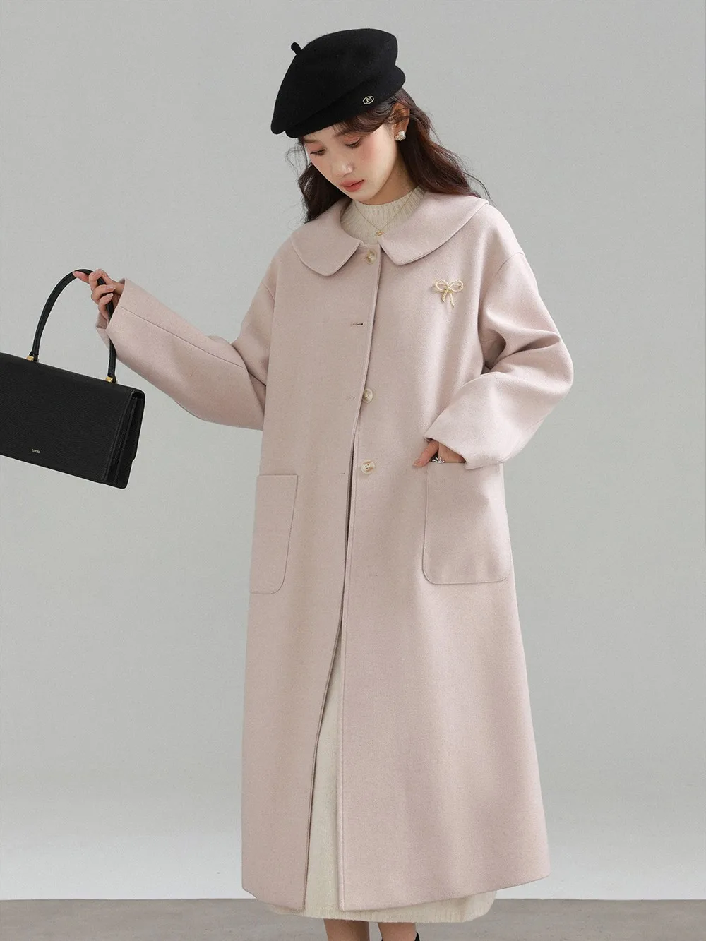Cute Bow-Collar Wool-Like Coat Women Lady Loose Warm Winter Overcoat Soft Cozy Oversized Outerwear for Sweet Daily Fashion Looks