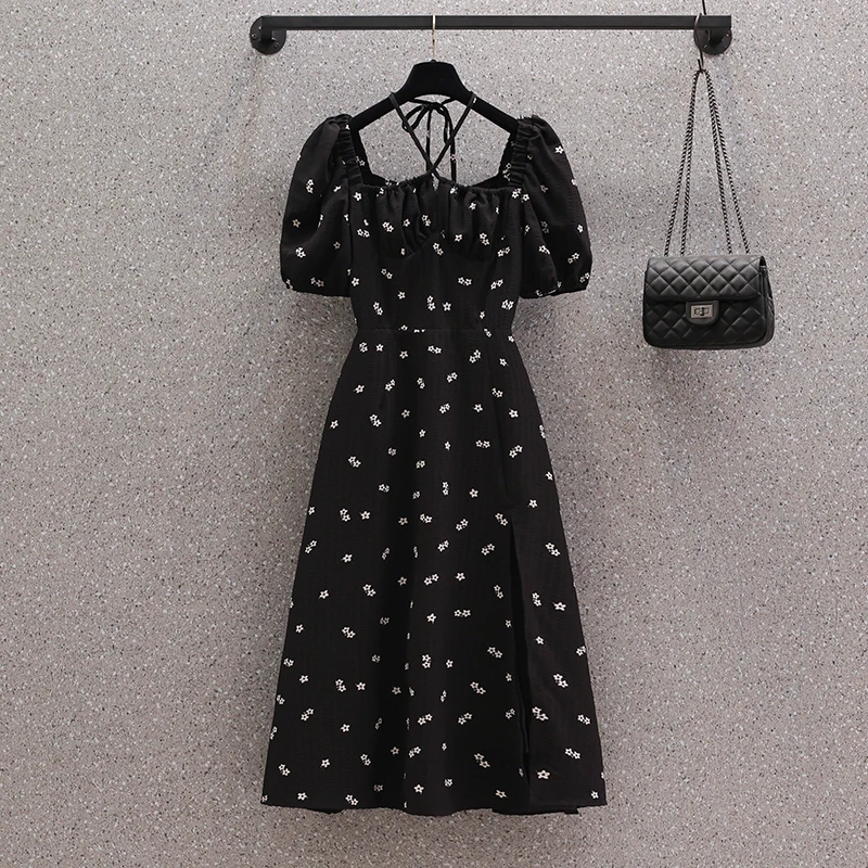 فستان متوسط الطول بياقة مربعة زهرية للنساء ، كوري كلاسيكي ، هيبورن ، مثير ، أنيق ، ملاصق للجسم ، غير رسمي ، حفلة ، صيف ، أسود ، صيني #2