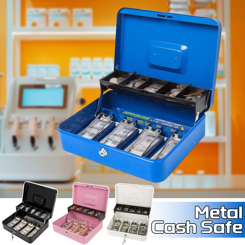 Cash Box with Money Tray 4Bill/5Coin Slots Key Lock Store Shopping Mall Supermarket Drawer 2Layer Safety Metal Cash Receipt Box