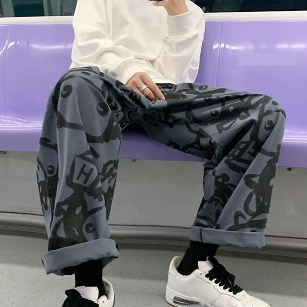 Korean Fashion Wide Leg Pants Cartoon Print Women Vintage Baggy Cargo Pants Loose Hiphop Men Weatpants Drawstring Leisure Pants