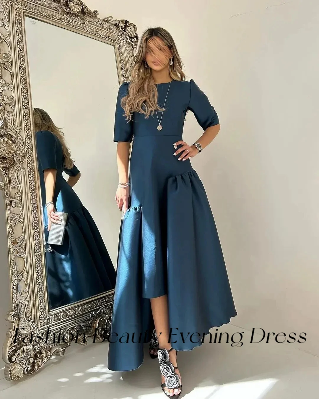 Fashion Beauty Navy Blue Satin Evening Dresses Asymmetrical Short Sleeve Formal Gowns For Women 2024 Vestidos De Graduation