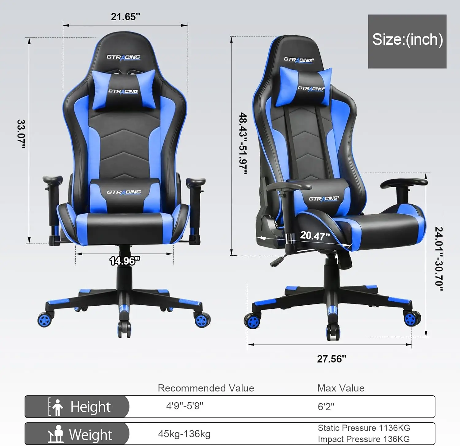 Gaming Chair with Speakers Bluetooth Music Video Game Chair Audio Ergonomic Design Heavy Duty Office Computer Desk Chair（Blue）