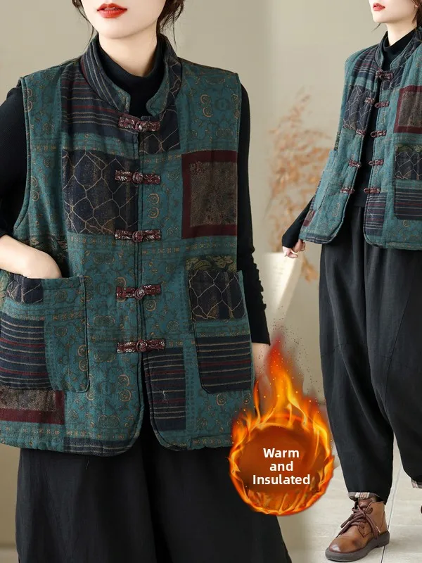Authentic Chinese Style Cotton Linen Printed Button Vest Warm Outerwear Autumn Winter Women's Fashion Thickened Plaid Design