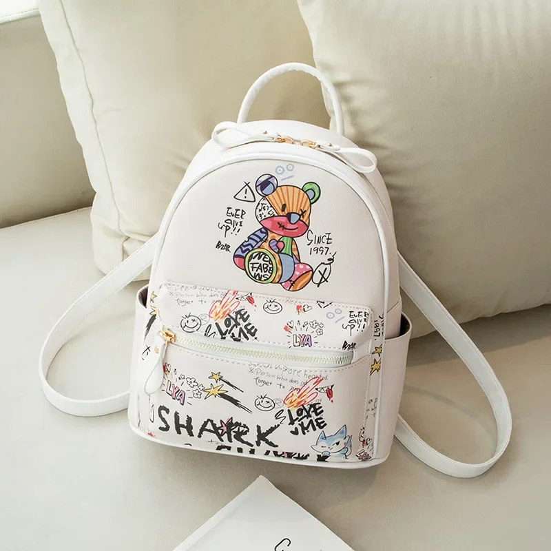 New Korean Fashion Personality Bear Graffiti Pu Womens Small Backpack Mini School Bag Casual High Capacity Schoolbags