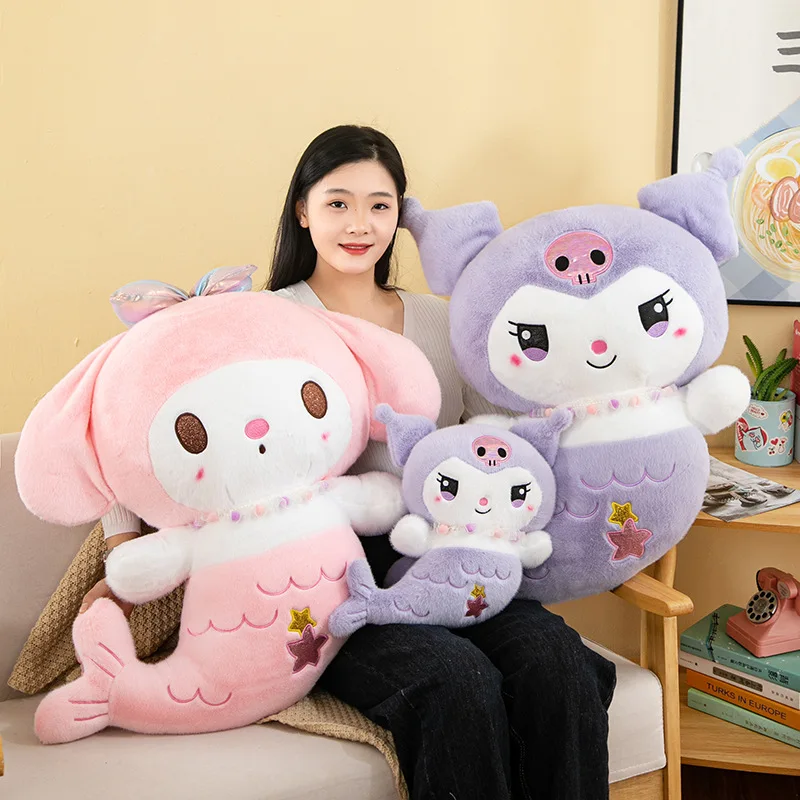 Sanrio-juguetes de peluche de sirena Kuromi Melody, muñecos de peluche súper bonitos para decoración de dormitorio de niña, regalos para niños