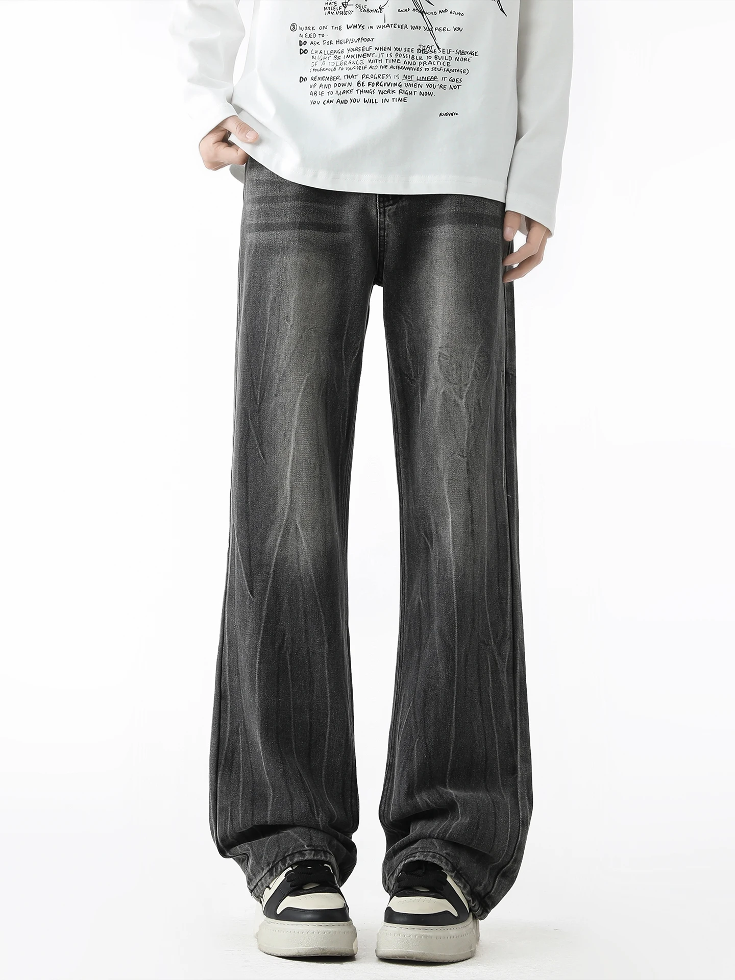 

Мужские джинсы-клеш Cleanfit в американском ретро-стиле, прямые, свободные, повседневные брюки с эффектом потертости, средняя посадка, на молнии, хлопок...