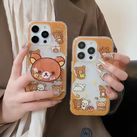 Bear Shakeable Grip Tok Holder Transparent Cartoon Phone Case for Samsung Galaxy S25 Ultra S24 FE S23 S22 S21 S20 Note 20