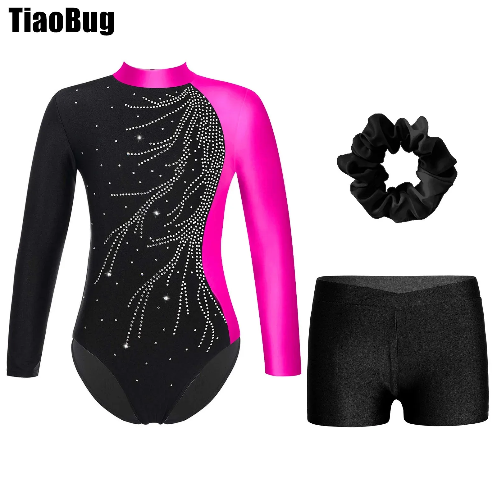 

Kids Girls Gymnastic Dance Outfit Mock Neck Long Sleeve Shiny Rhinestone Adorned Keyhole Back Leotard with V-front Shorts