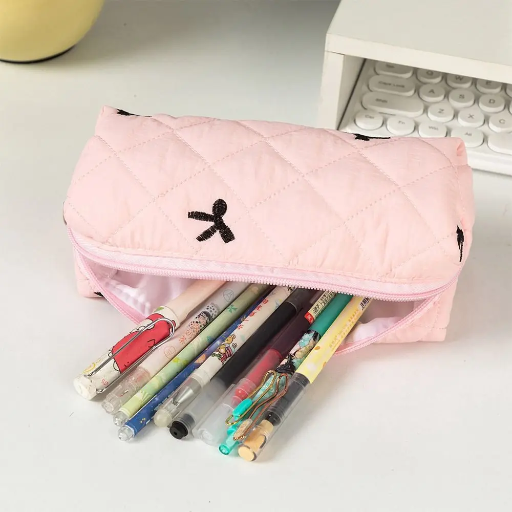 Cotton Quilted Bow Pencil Bags Floral INS Style Student Pen Pouch Large-Capacity Stationery Supplies