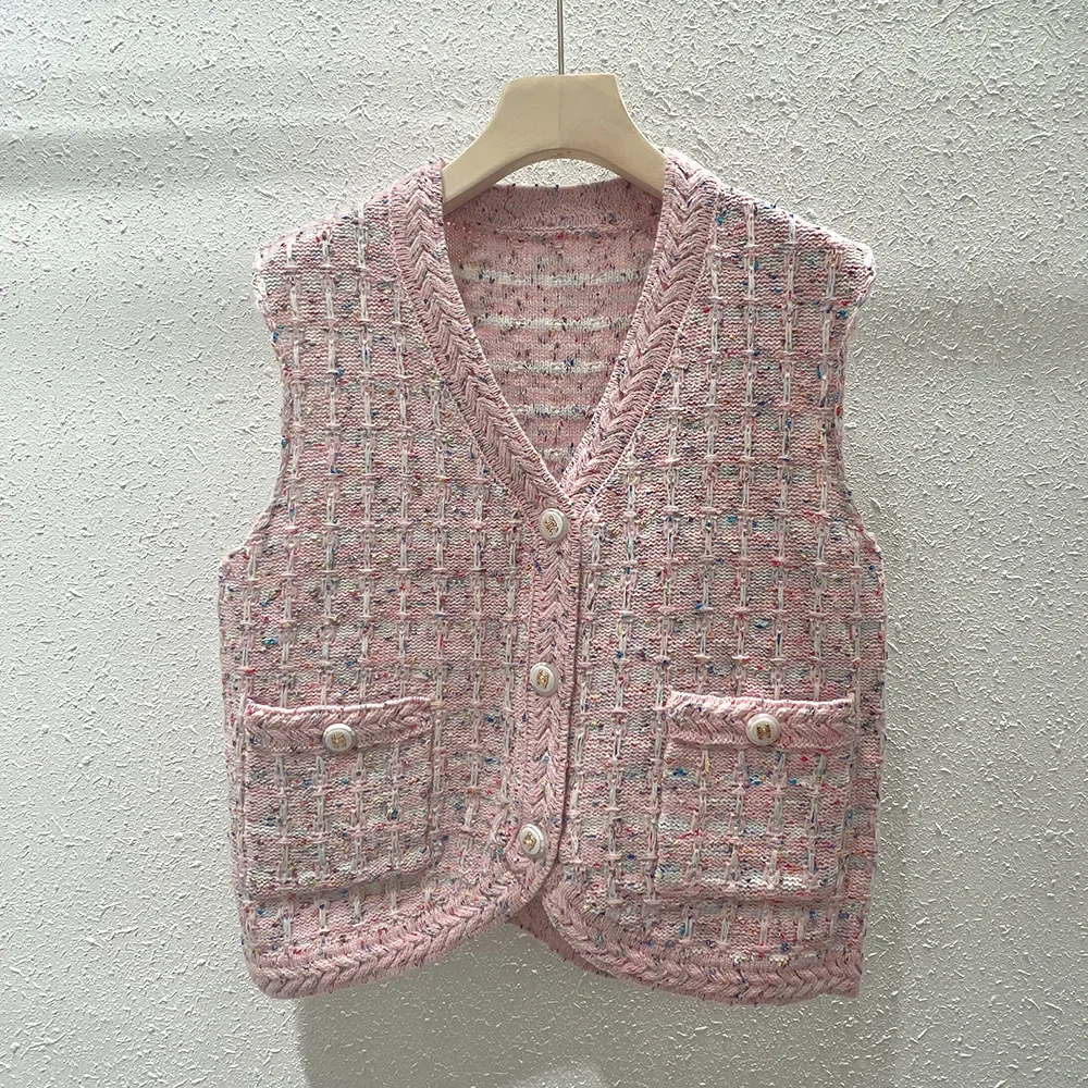 new women's V neck Plaid knitted cardigan vest women's French style small fragrance simple sweater sleeveless