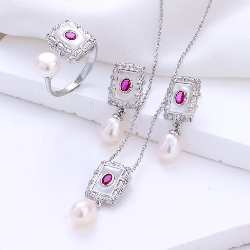 

Palace style square freshwater pearl set for women 925 silver needle earrings set with antique mother of pearl jewelry set