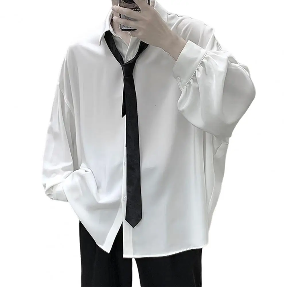 

Black Long-sleeved Shirts Men Korean Comfortable Blouses Casual Loose Single Breasted Shirt With Tie