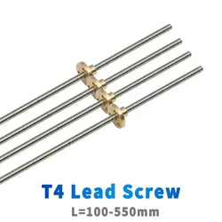 T4 Lead Screw 304 stainless steel Lead1/2mm Length 200mm300mm400mm500mm550mm with Brass Nut CNC 3D Printer Trapezoidal Rod
