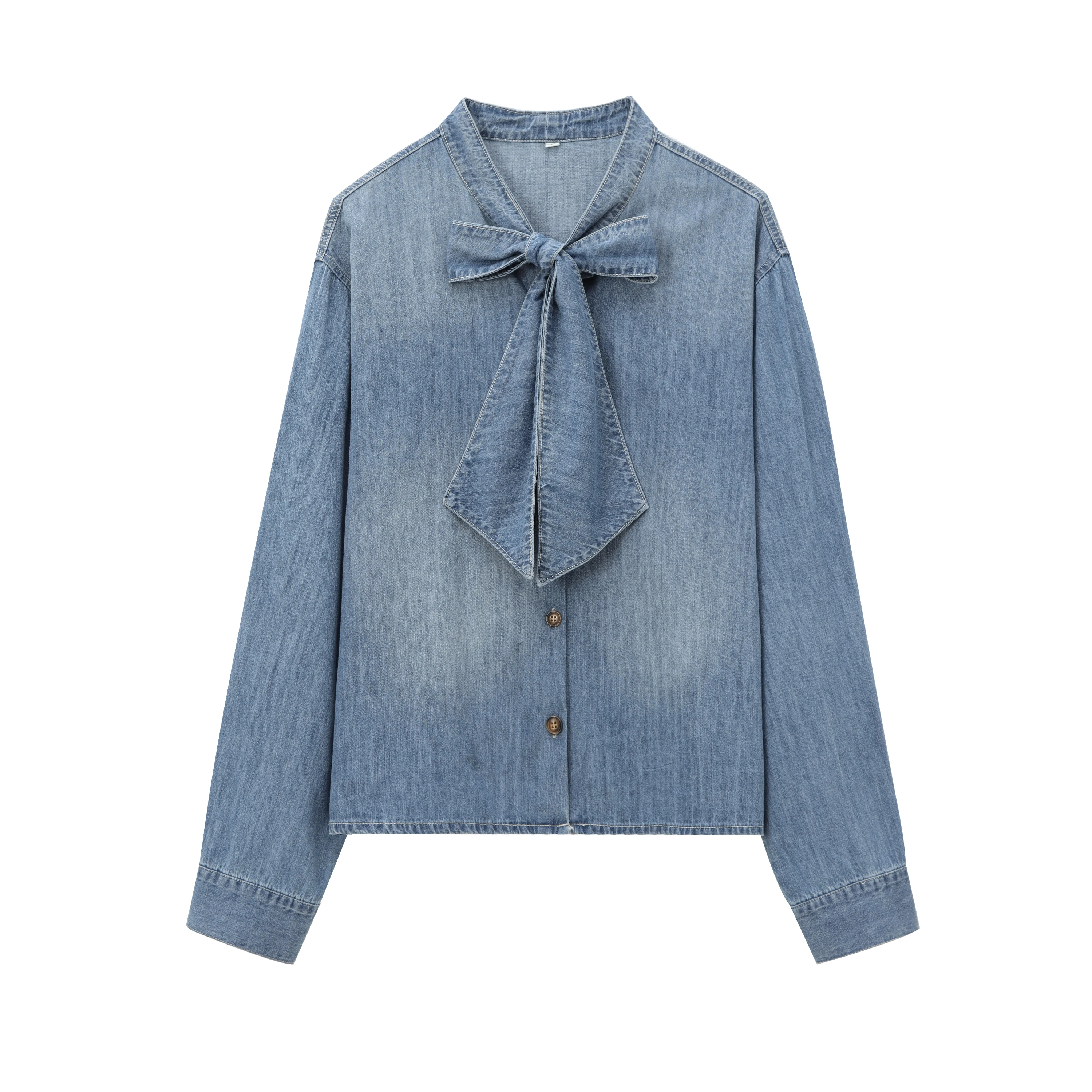 

2025 fashion blue stand-up collar bow design single-breasted long-sleeved women's sweet loose denim shirt