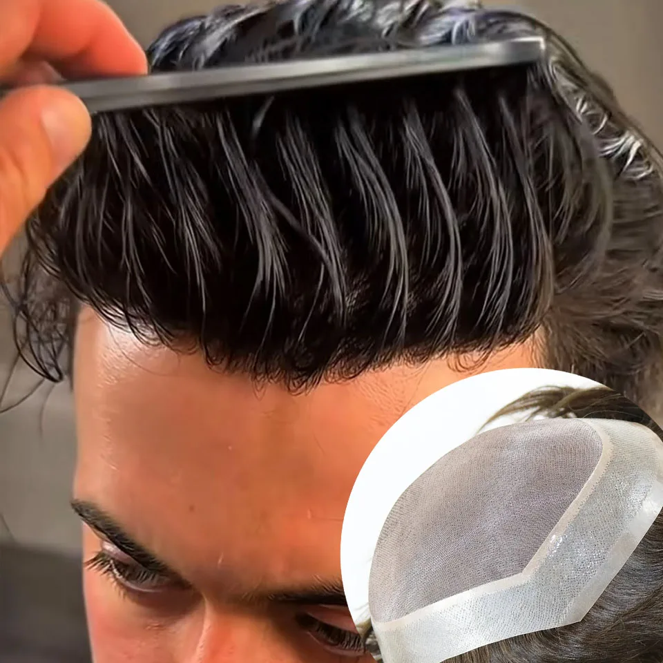 

Натуральная линия волос, моно-сетка, кружево и искусственный прочный мужской парик, черный, коричневый, 100% человеческие волосы, прямые/30 мм, волнистый системный протез