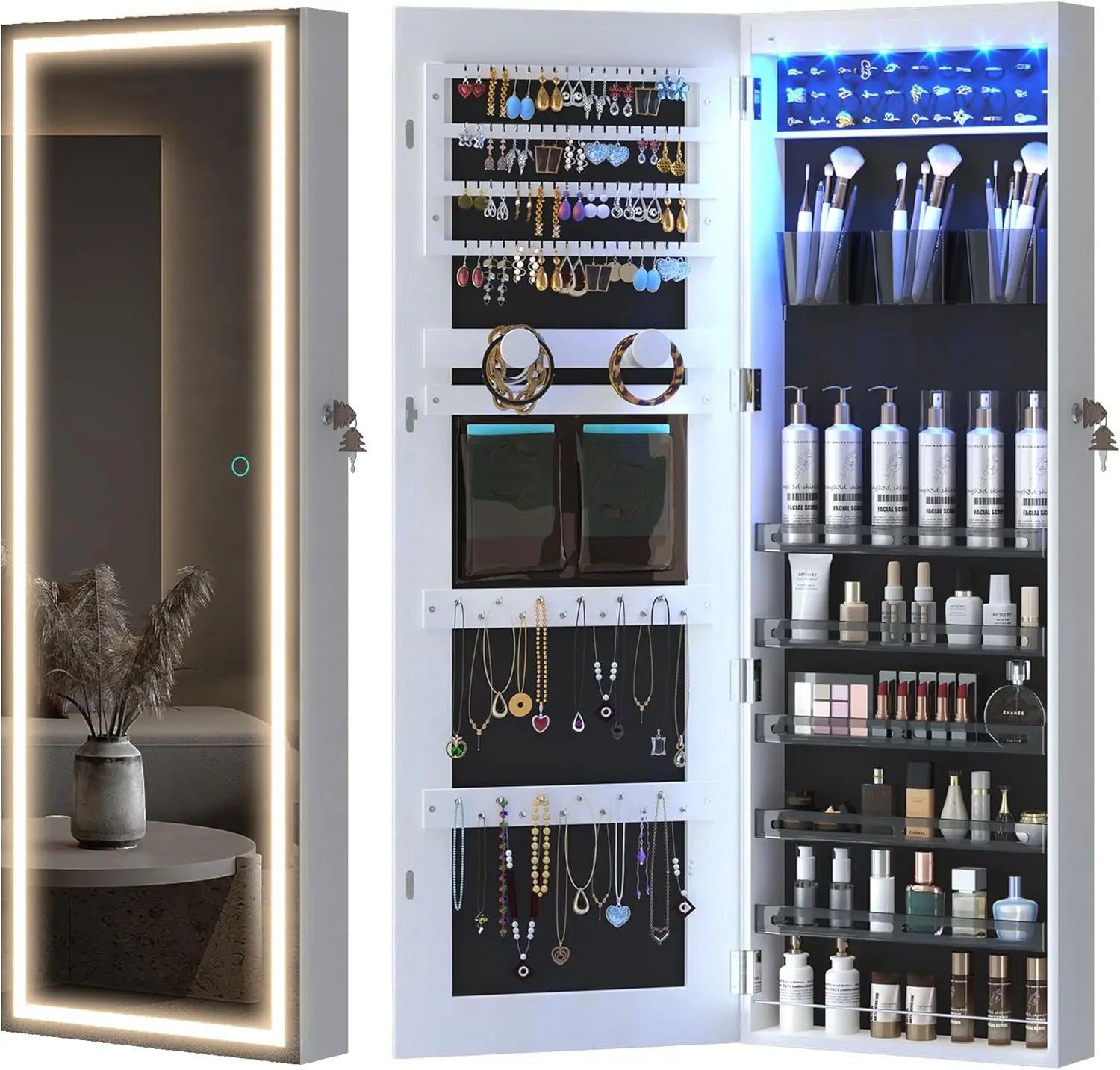 Armario de joyería con espejo LED, organizador de joyas iluminado de pared/puerta, espejo de longitud completa con almacenamiento de joyas