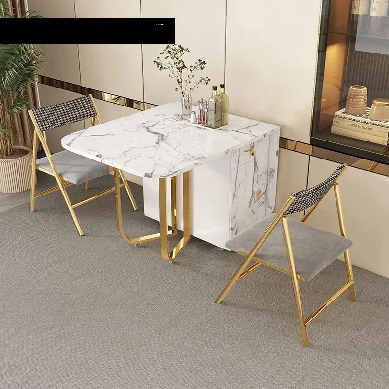 

Movable Folding Dining Table with Storage Rack and 2 Drawers Extendable Versatile Kitchen Table and Metal Folding Dining Chairs