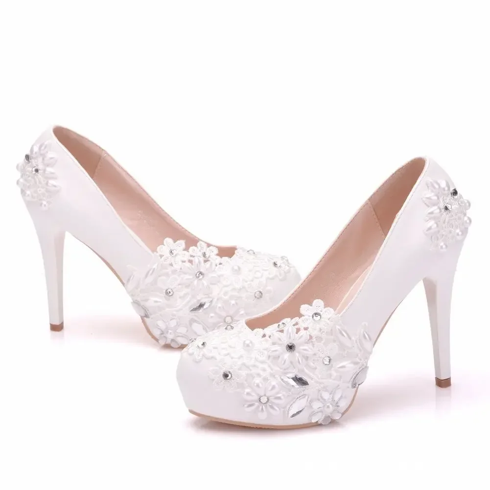 Sexy High Heels Women Pumps Wedding Platform Rhinestone Flower PU 14CM Thin Heels Slip on Office Ladies Slip on Shoes Woman