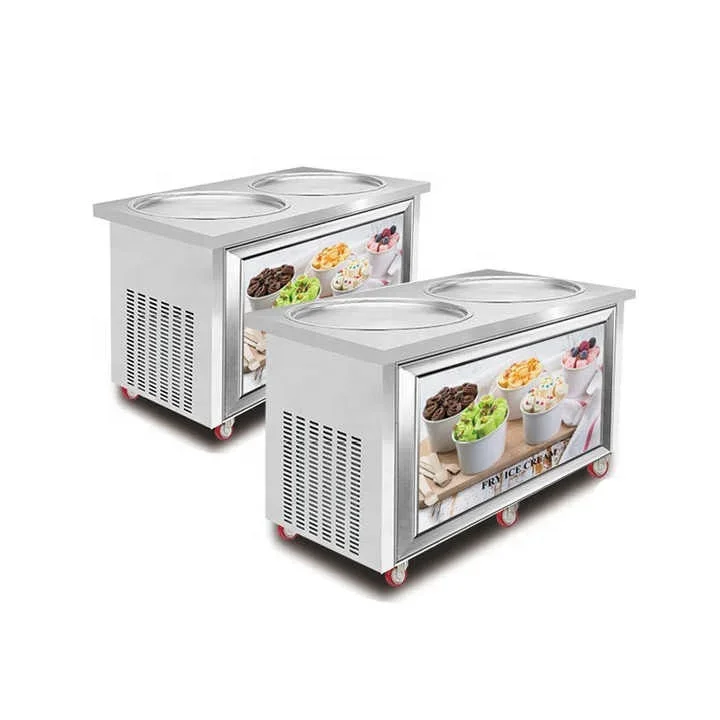 Commercial Soft Ice Cream Machine Double Round Pans Frozen Yogurt Machine Fried Ice Cream Rolls Making Machine