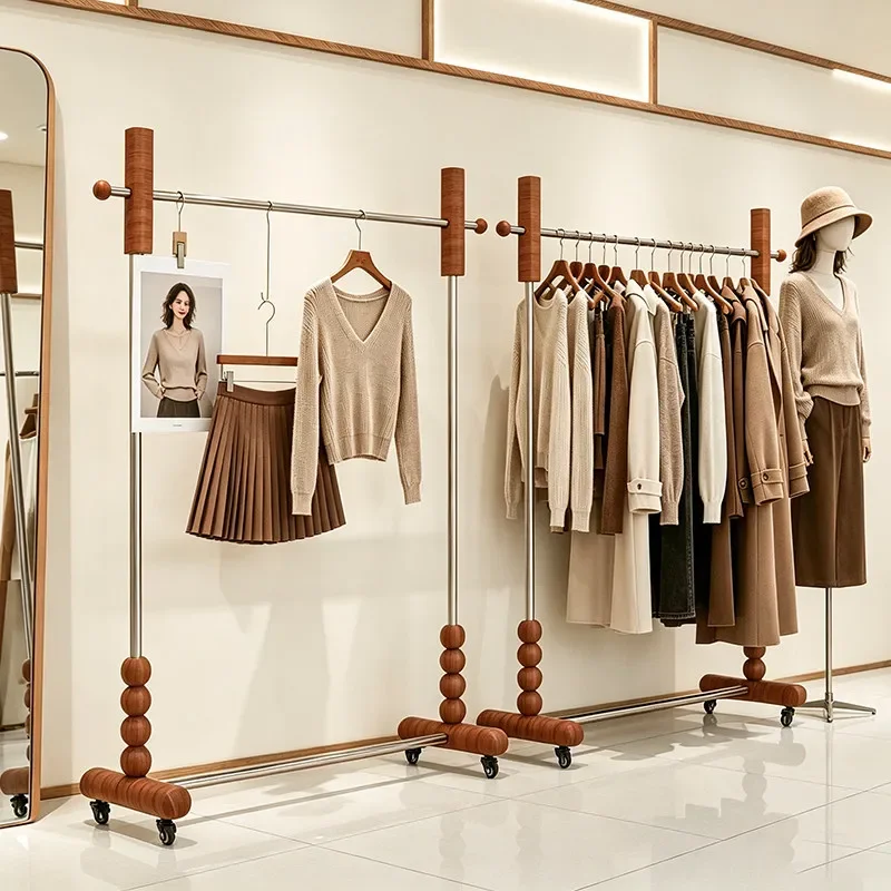 Women's Clothing Store Display Rack Floor to Ceiling Movable Stainless Steel Garment Rack for Antique Shop Retail Apparel