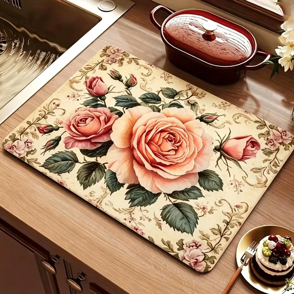 Flower Drainage Mat, Blue and Red Center Floral Pattern, Non-Slip Silicone Kitchen Countertop Drying Pad