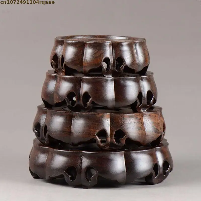 Ebony Wood Round Ornament Base, Carved Display Stand For Vase, Teapot, Crystal Ball, Plant Pot, Desktop Home Decor Pedestal