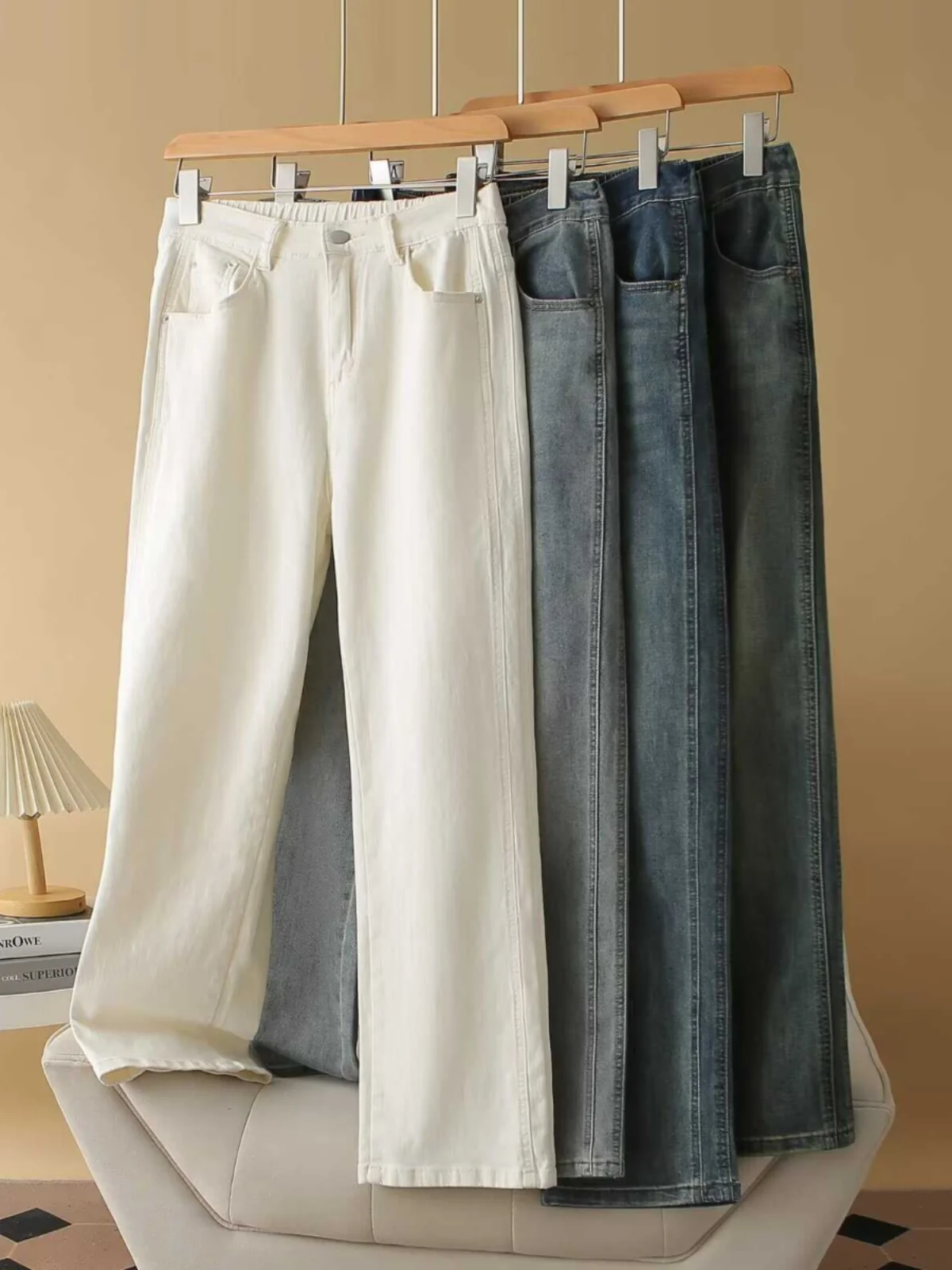 

High Waist Straight Leg Stretchy Denim Jeans Retro Hong Kong Style Elastic Slimming Concealing Thermal Cotton Blend Pure Color