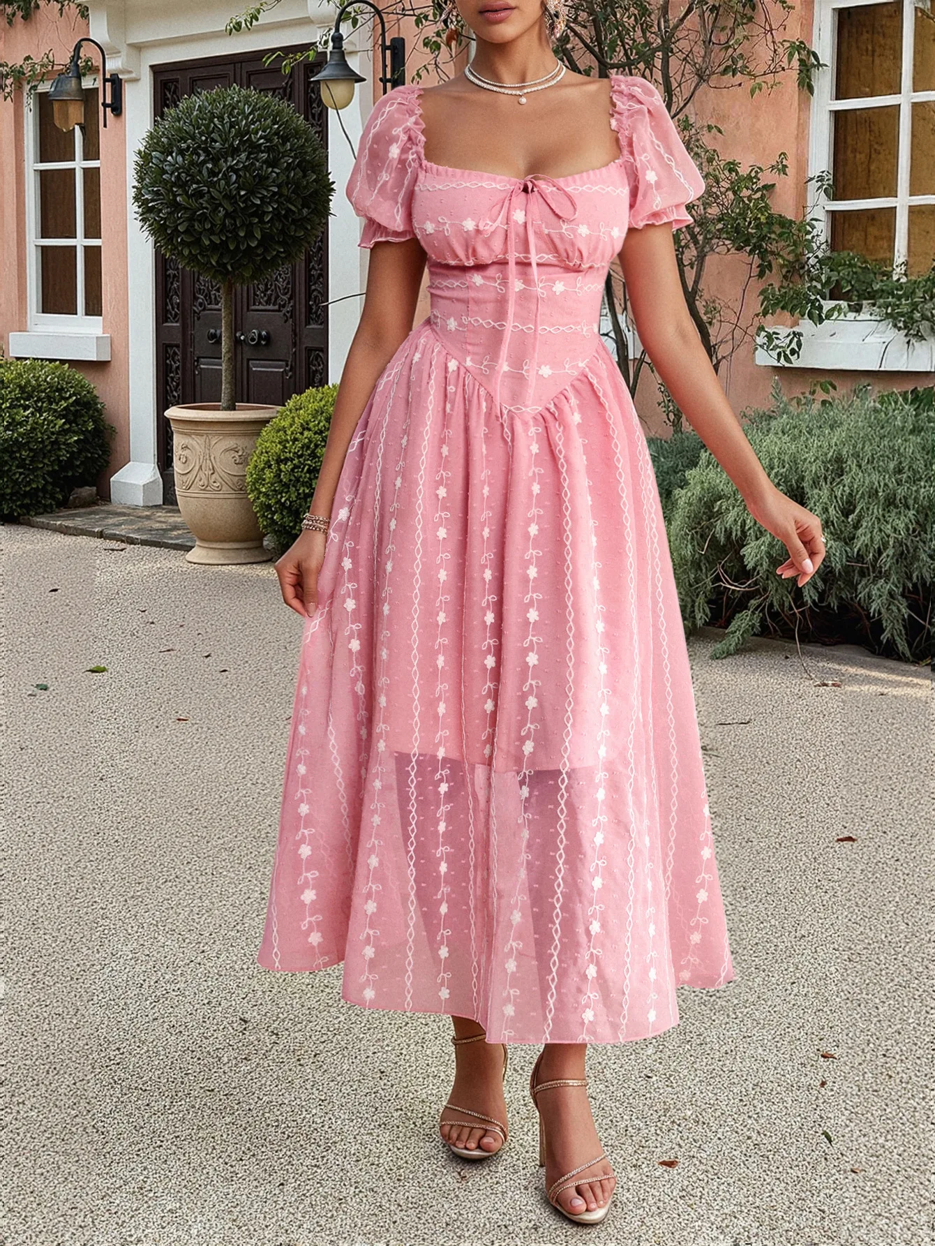 

Bubble Sleeve Semi Transparent Long Skirt Low Cut V-Neck Lace Up Pleated Hem Slim Fit High Waisted Bubble Sleeve A-Line Dress