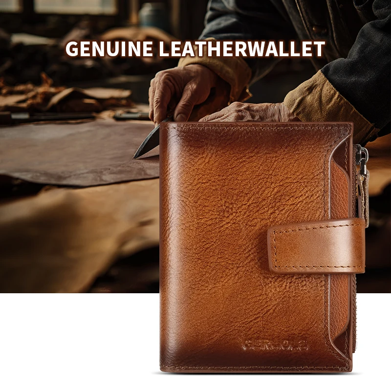 Carteira masculina de couro genuíno GERUOLA, carteira dobrável antirroubo com bloqueio RFID vintage, janela de identificação, bolso para moedas e fecho com zíper
