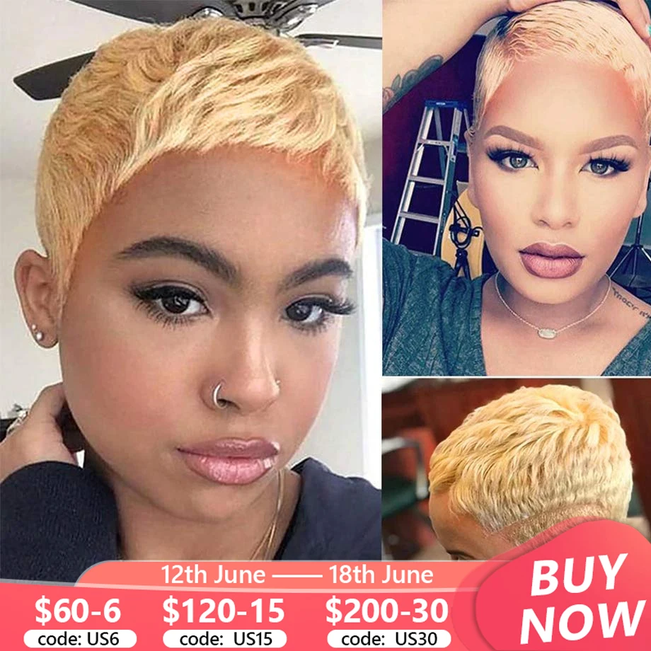 

Straight Human Hair Wigs 27# Color Brazilian Remy Hair Pixie Cut Wig Machine Made Human Hair Wig For Black Women MYLOCKME