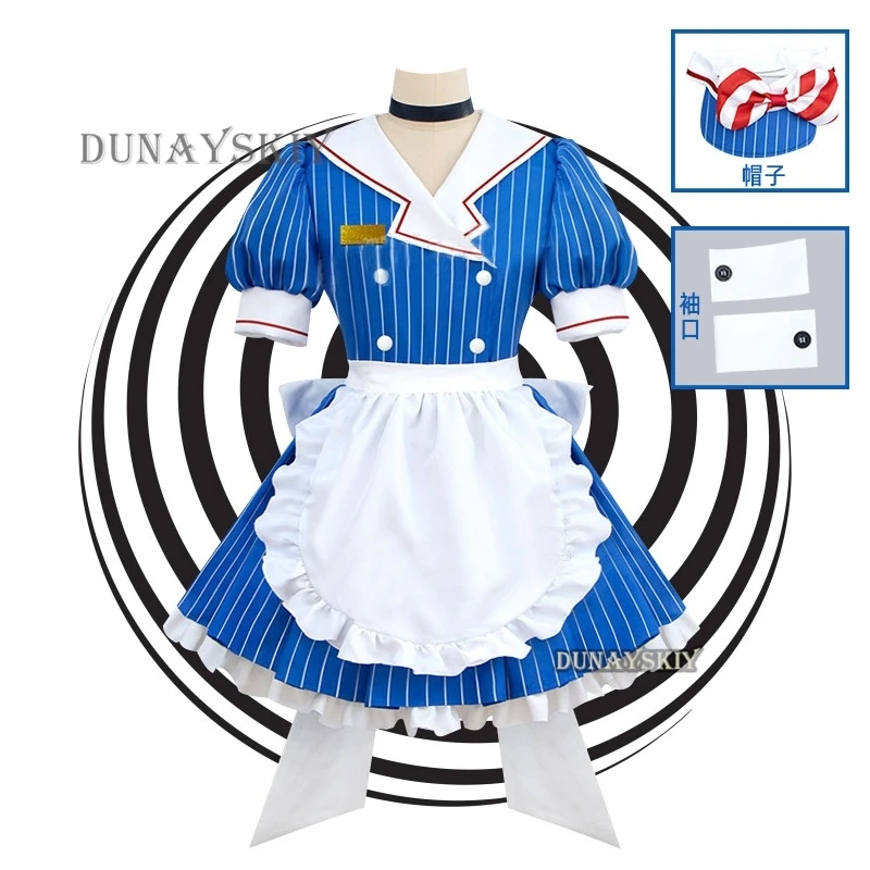 Cosplay Costume Wig Mikuuuu Hypnotist Cosplay Blue Striped Lolita Maid Dress Halloween Party Virtual Uniform Suit