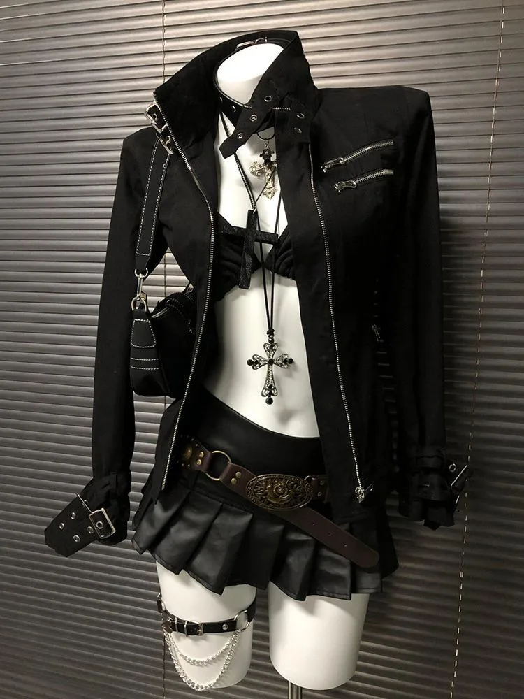 Gothic Techwear American Vintage Short Jacket Women Multiple Zipper Pockets Buckle Strap Cross Embellished Slim Streetwear Coat