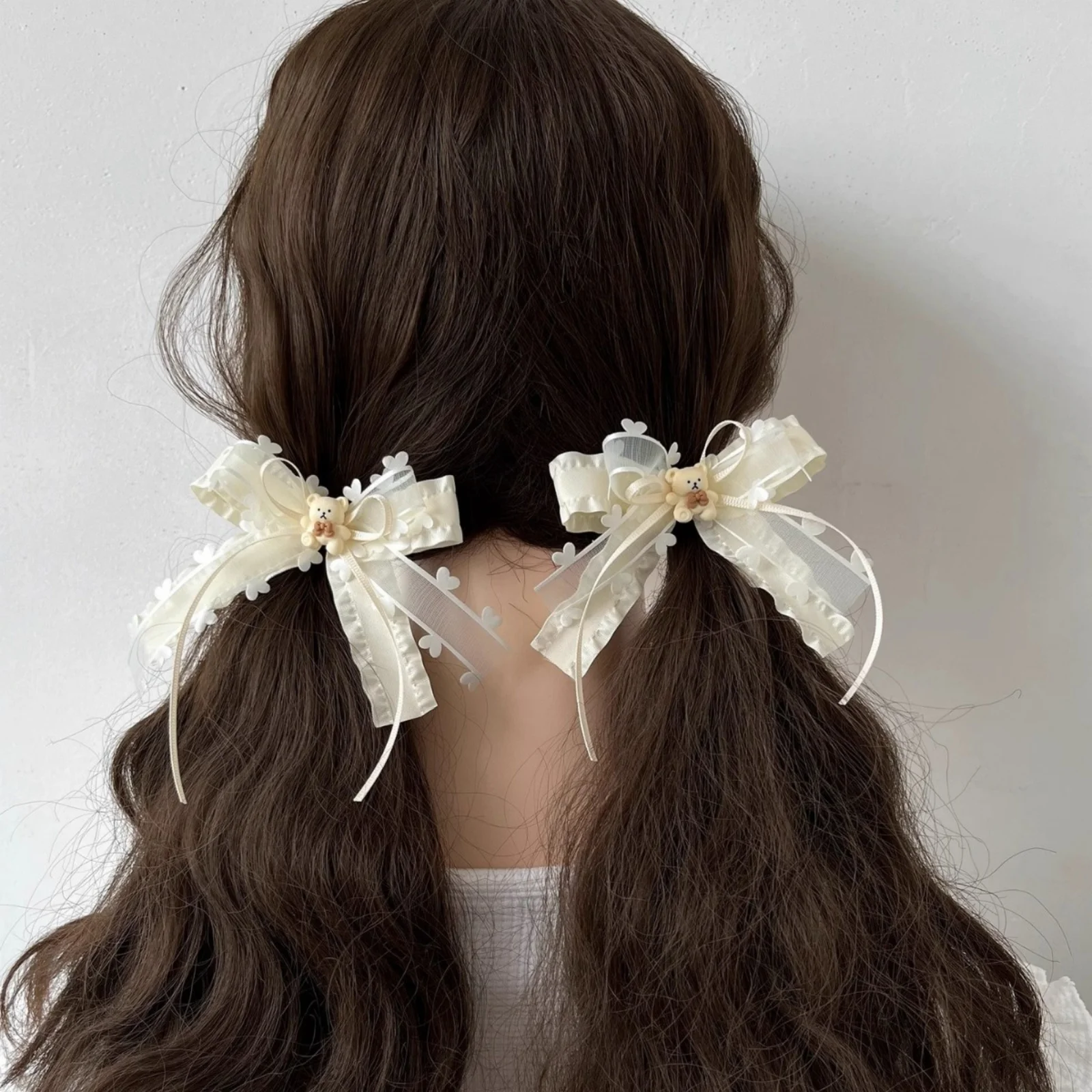 2 Stück niedliche cremefarbene mehrschichtige Band-Haarspangen mit Pony und Meer-Clips, Haarseil, doppelte Pferdeschwanz-Kopfbedeckung – Detail 8