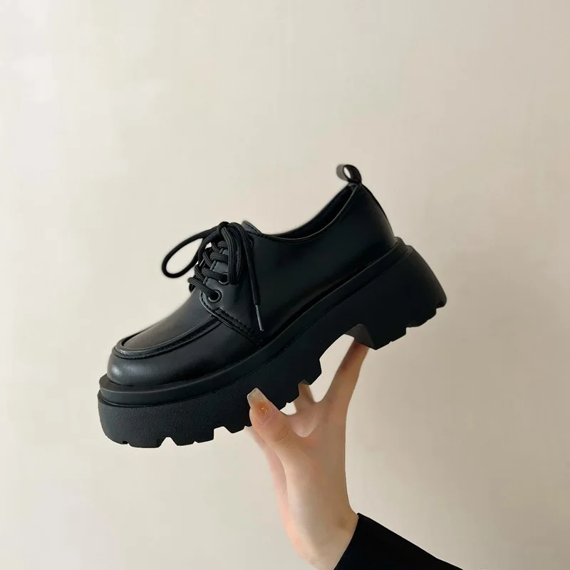 Platform Japanned Leather&matte Lace-up Oxfords Shoes Women British Daisy Low-top Sneakers Creepers Round Toe Daddy Shoes Woman