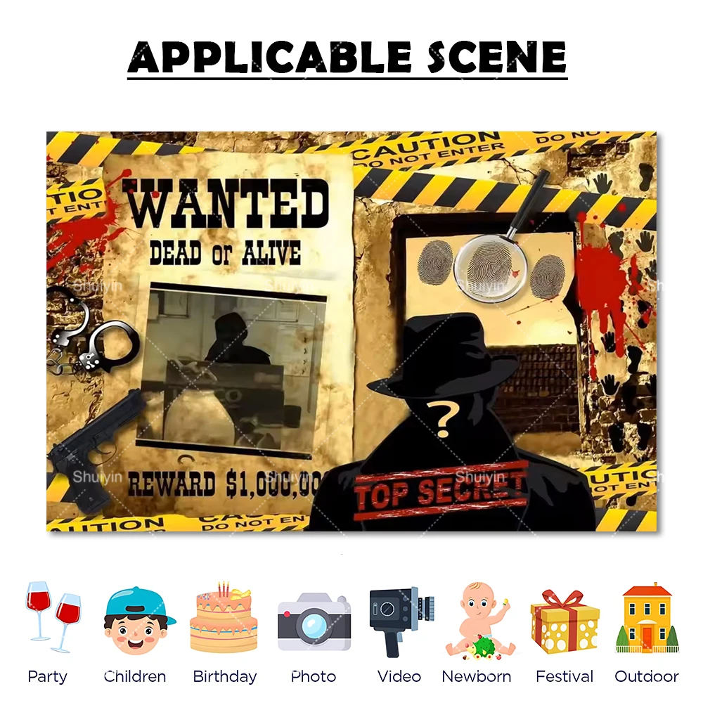 Décor de fond sur le thème de l'espionnage et de la détection, avec empreintes digitales et indices criminels, accessoires de photographie pour procès et prison, fournitures de décoration pour fête d'anniversaire d'adultes, bannière