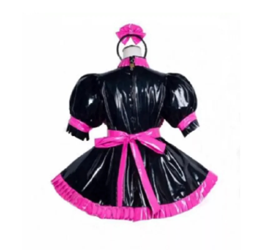 Hot New PVC Ruffle Sissy Women Fries Pink Bows Short Dress Crossing Custom