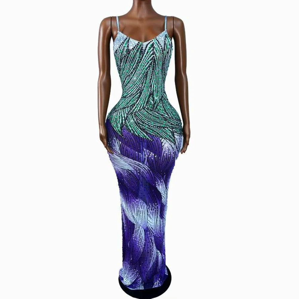 Sparkly Rhinestones Strap Long Dress for Women Sexy Mesh See Through Evening Prom Celebrate Birthday Dress Photo Shoot Wear